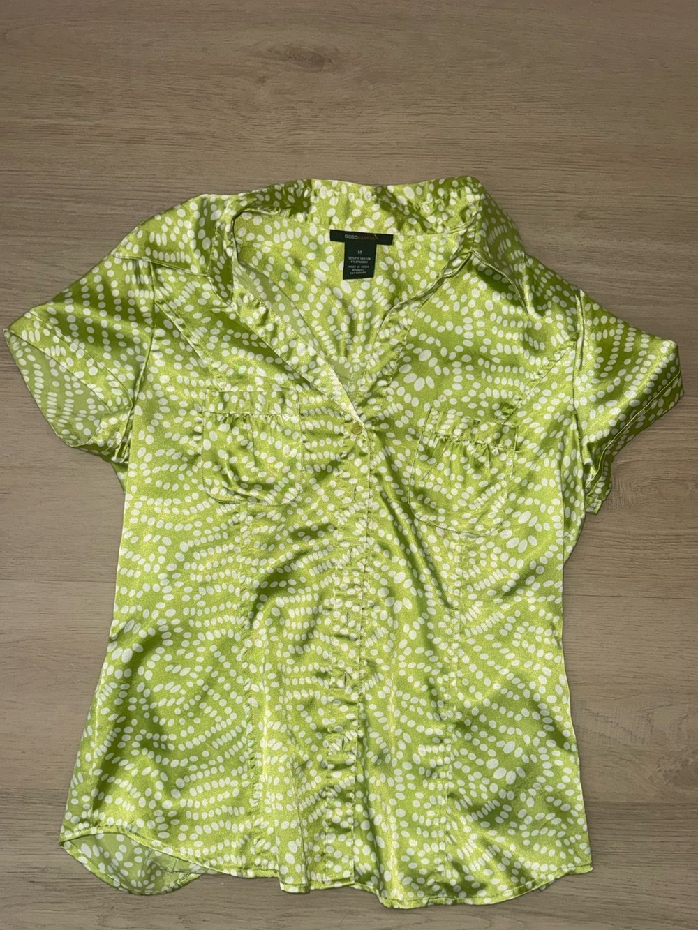 BCBGMaxAzria Lime Green Polka Dot Short-Sleeve Blouse